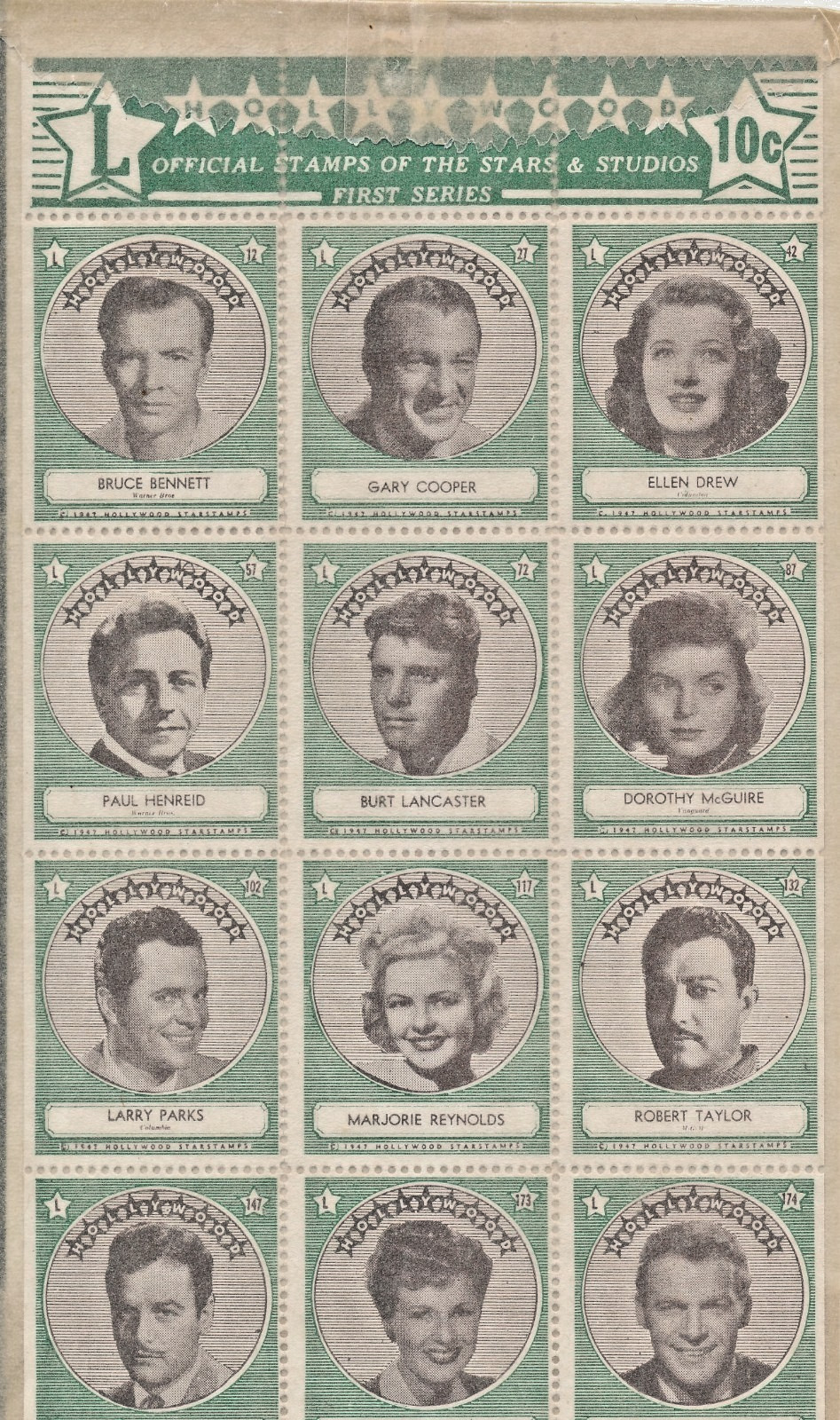 HOLLYWOOD OFFICIAL STAMPS STARS & STUDIOS FIRST SERIES SHEET L COOPER LANCASTER
