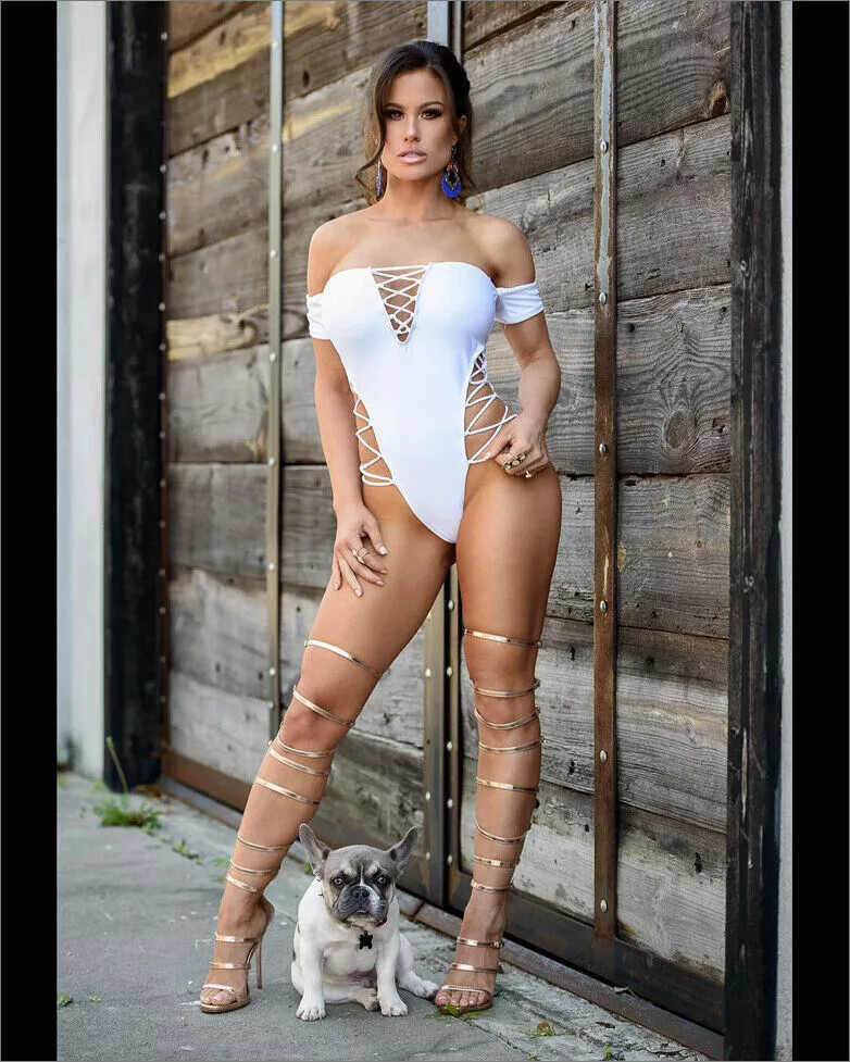 Brooke Adams White Bodysuit HIgh Heels Sexy With Dog Puppy 4×6 Picture Celebrit