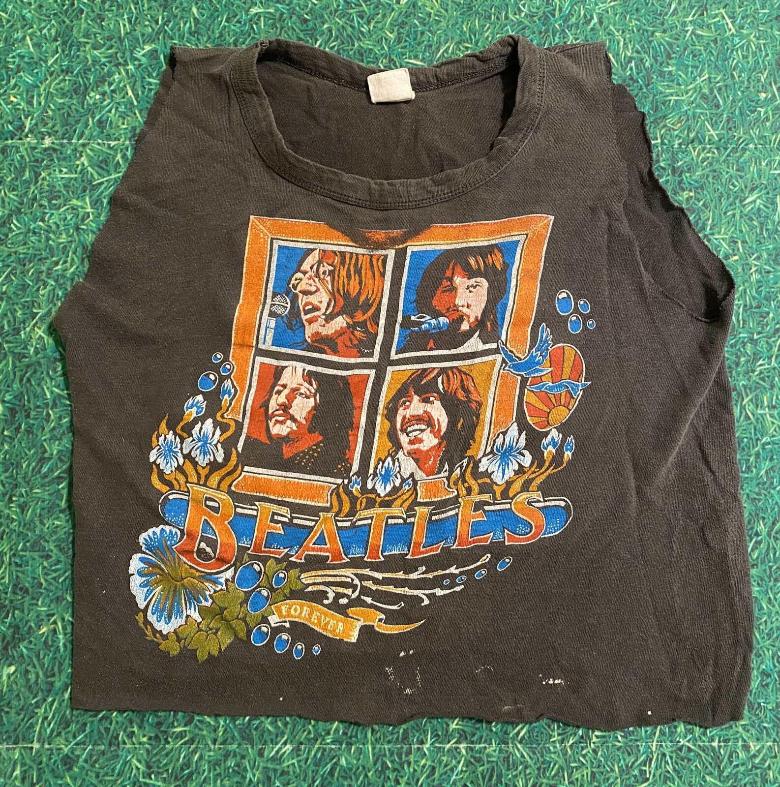 Vintage Original 70s The Beatles Forever Cropped Sleeveless Shirt Size M 1970s