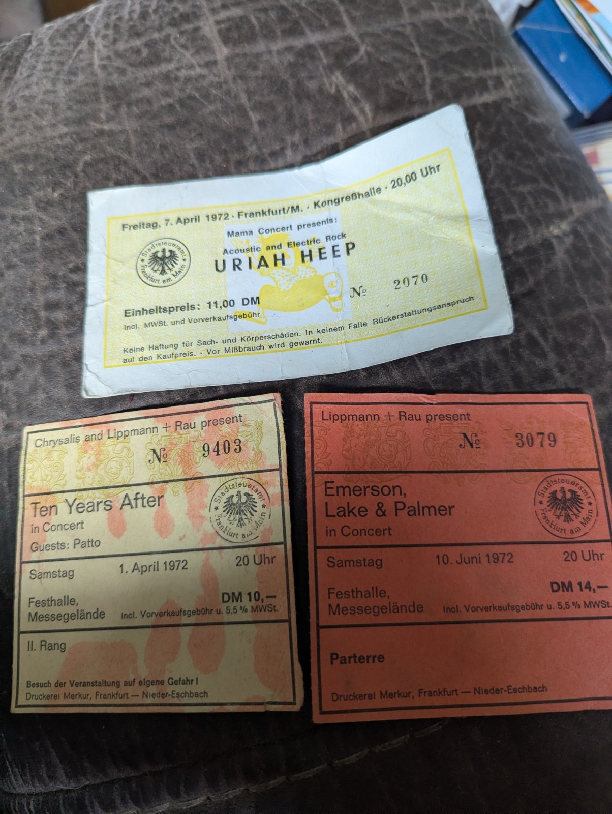 Vtg.3 German Concert Tickets1972 Ten Years After, Emerson Lake&Palmer,Uriah Heep