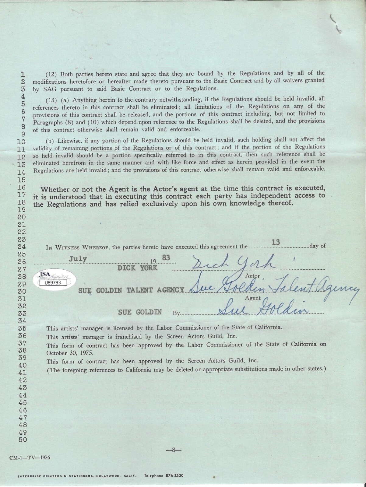 DICK YORK SIGNED ARTISTS’ MANAGER CONTRACT (AGENCY CONTRACT) JSA CERTIFIED