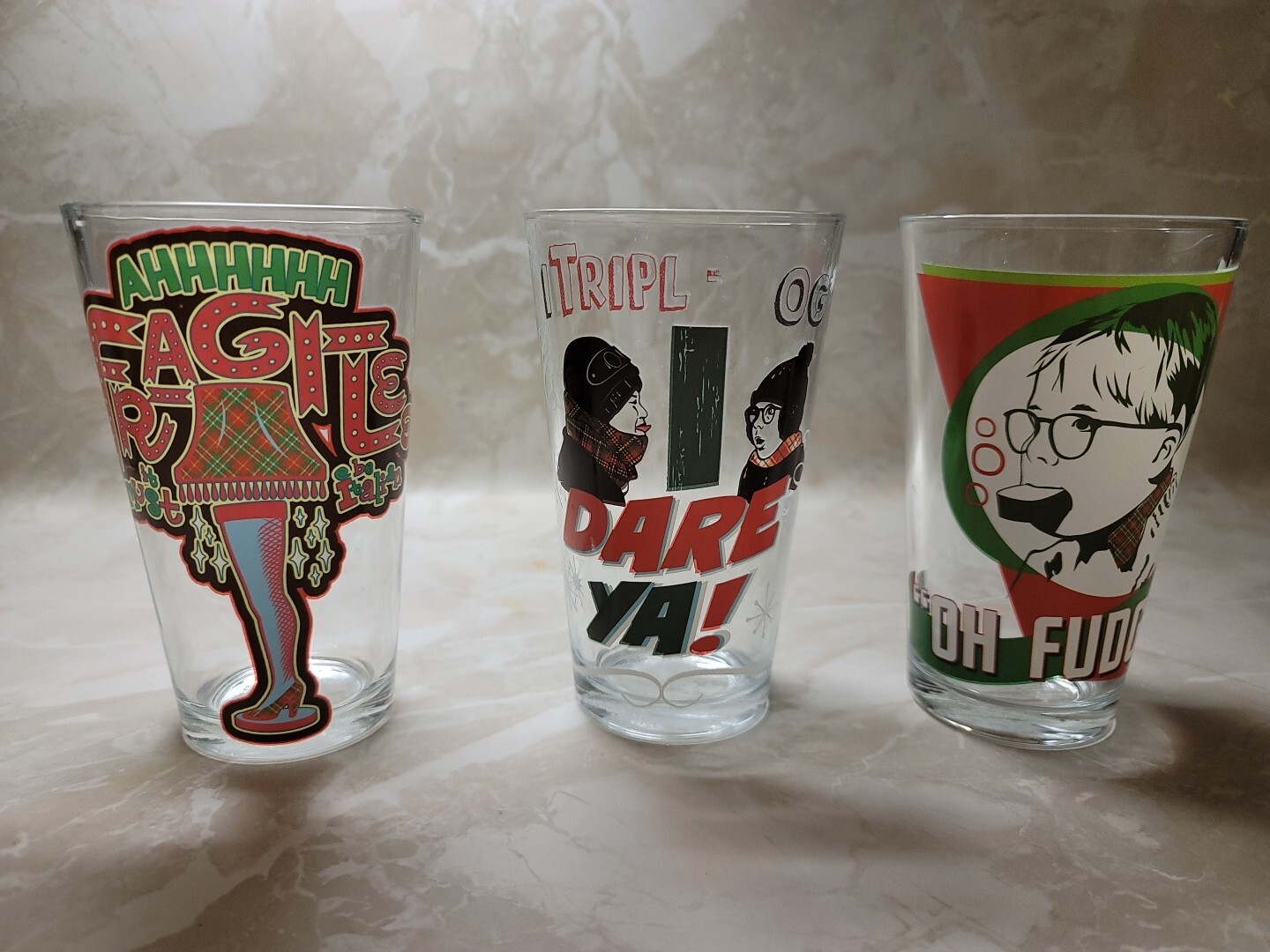 A Christmas Story Pint Glasses. Leg Lamp, OH Fudge And Triple Dog Dare Ya