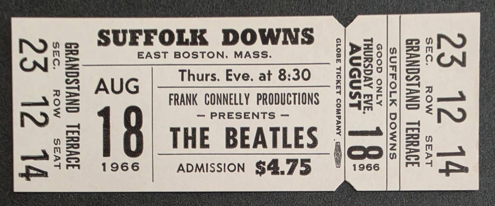BEATLES – 1966 – FULL & UNUSED ORIGINAL CONCERT TICKET – BOSTON – SUFFOLK DOWNS