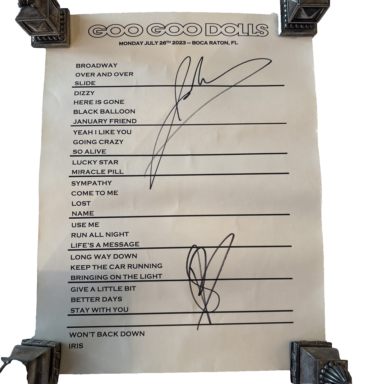 Goo Goo Dolls Signed Setlist • Johnny Rzeznik & Robbie Takac Autographs • 2023