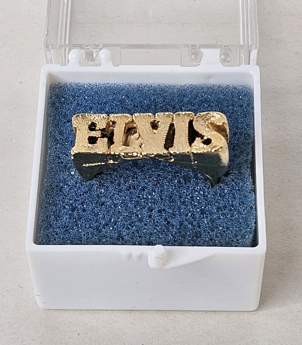 Vintage ELVIS Presley Ring Gold Tone Metal Adjustable Spellout King of Rock NOS