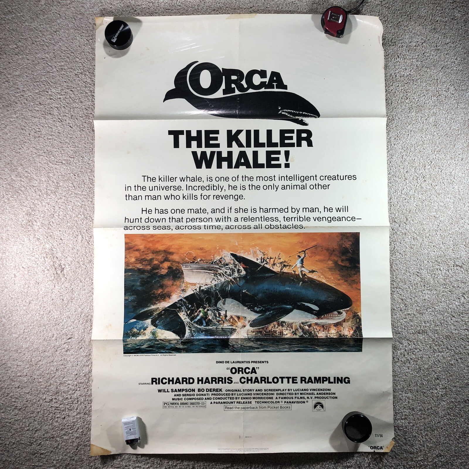 Original Orca the Killer Whale Movie Poster 27X40 1977 Horror Movie Bo Derek
