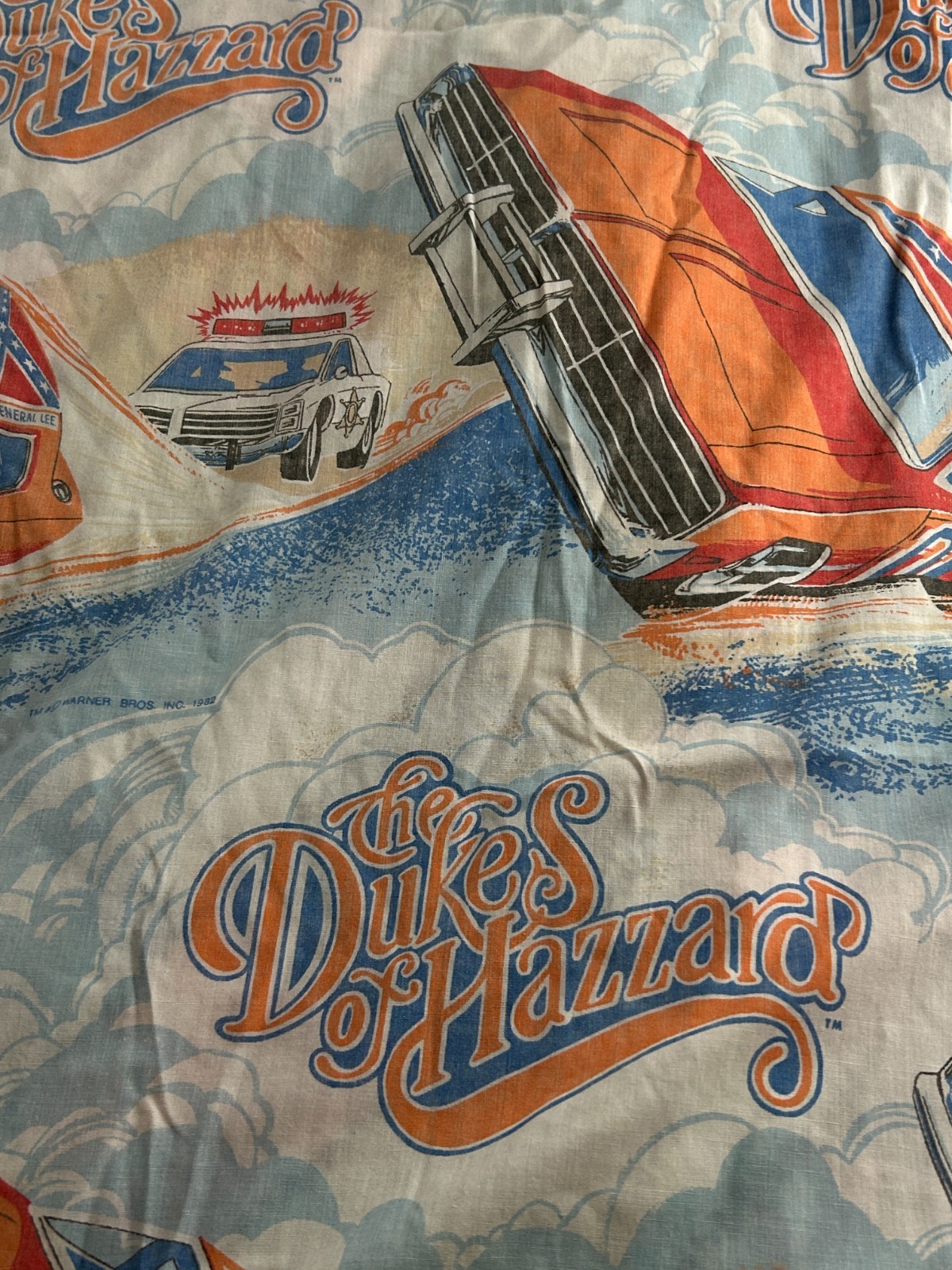Vtg Dukes of Hazzard Twin Bed Flat Sheet with Flag and General Lee Warner Bros