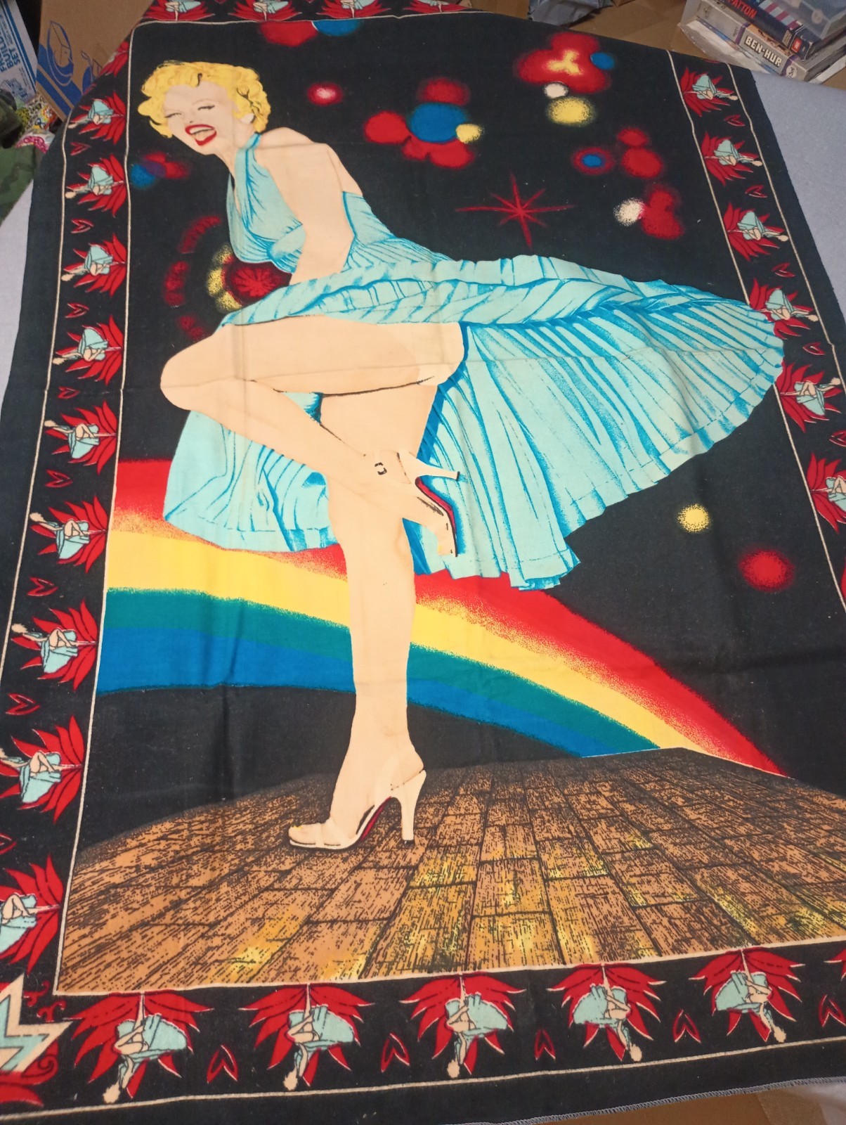 Vintage Marilyn Monroe Black Velvet Tapestry 1970s Rainbow Art 37″X 57″ Turkey