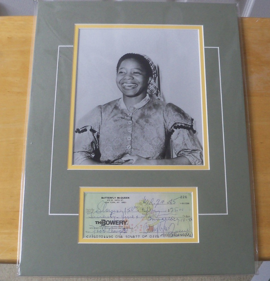 Butterfly McQueen signed check and photo matted COA Gone With The Wind
