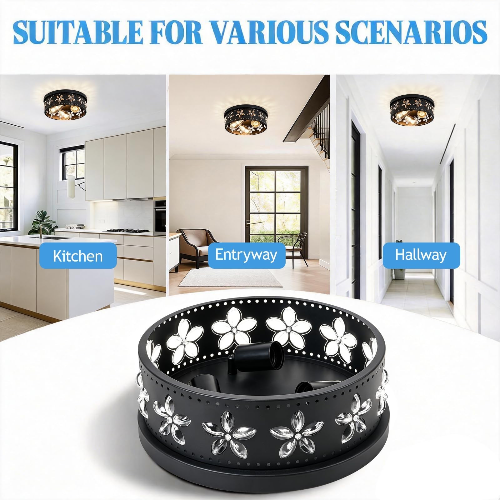 12.6 Inch Black Flush Mount Ceiling Light Fixture | 3-Light, Flower, Farmhous…