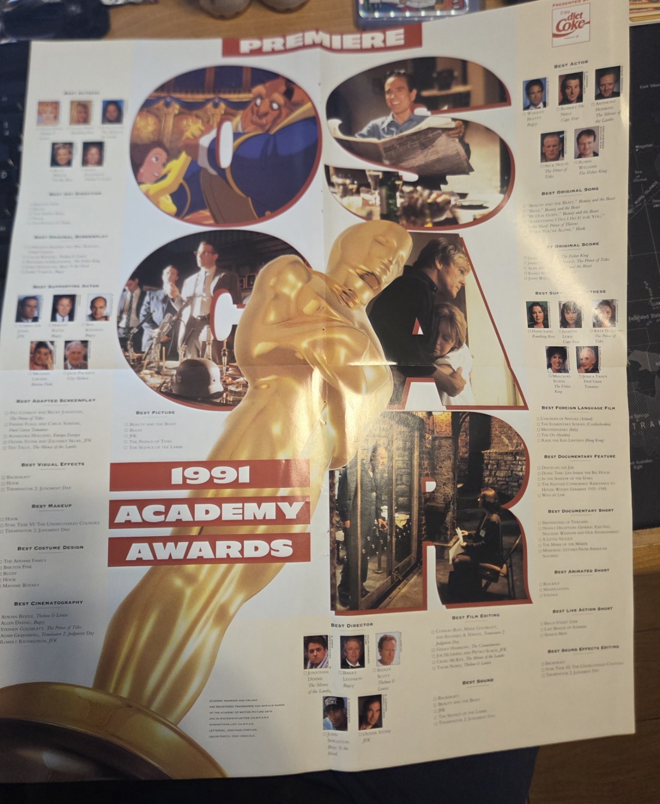 Vintage 1991 Academy Awards Coca Cola Ad Poster 18″ x 21″ Costner Beatty Hopkins