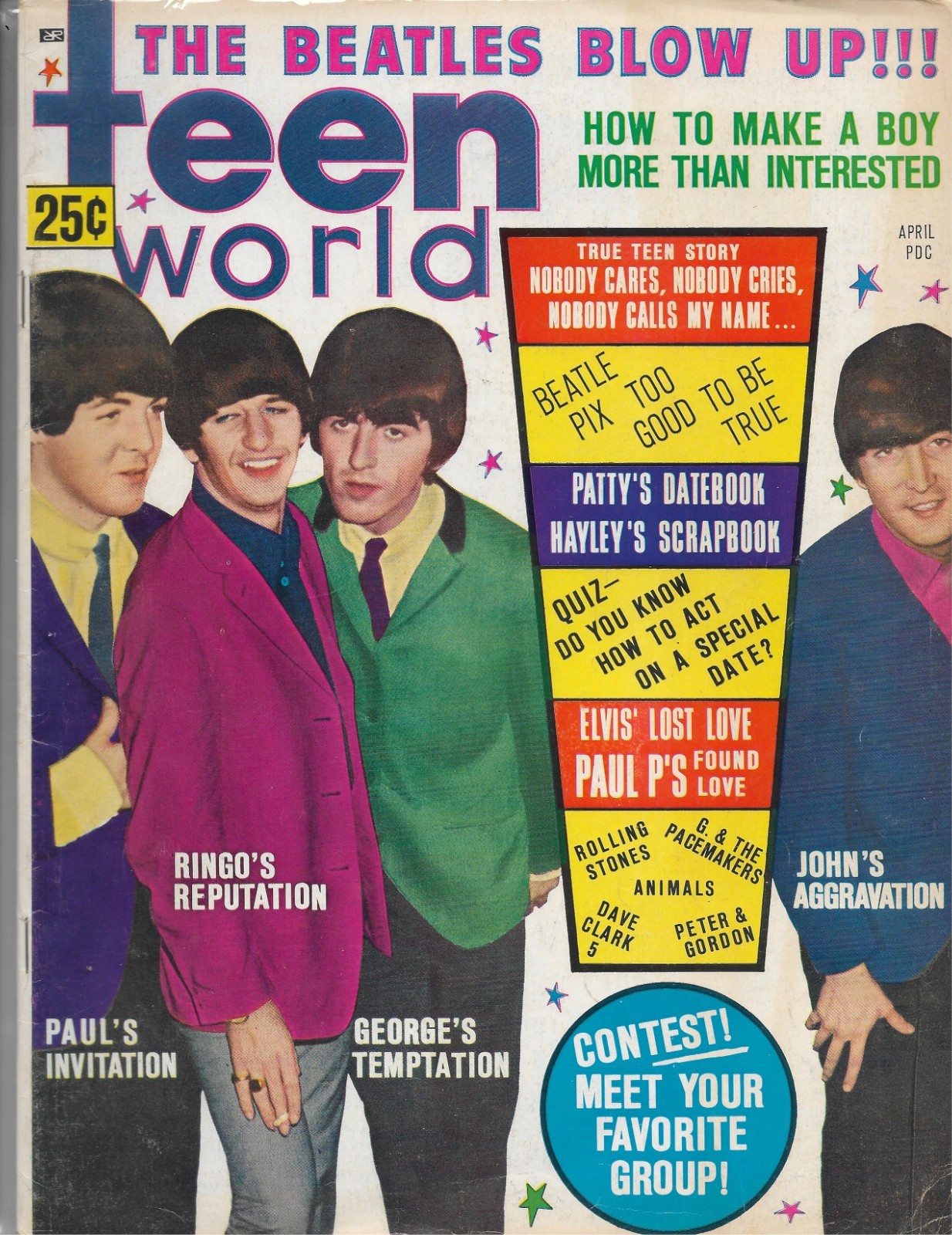 Vintage April 1965 Teen World Magazine Beatles Elvis Presley FN Cover Pop Rock