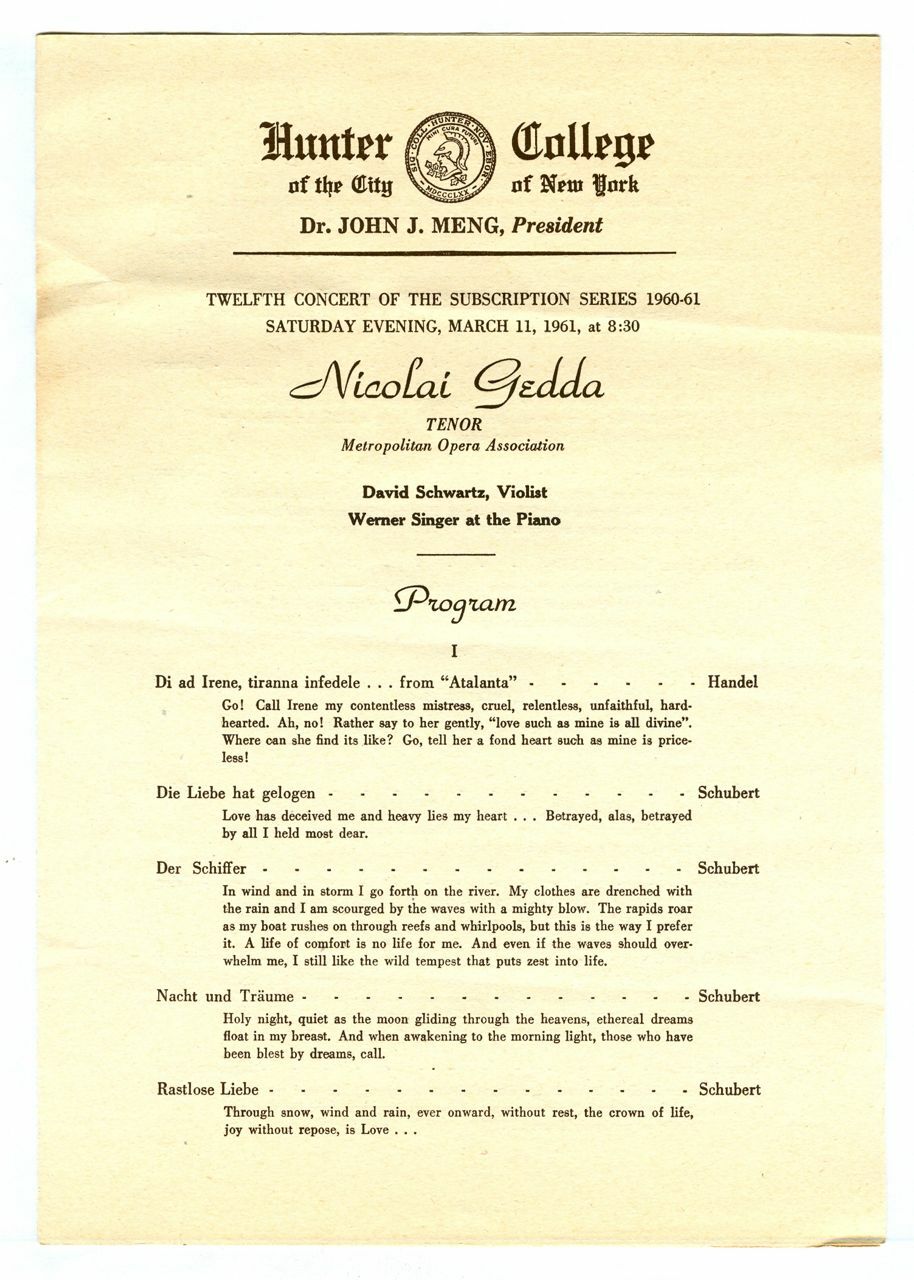 Vintage 1961 NICOLAI GEDDA Hunter College NYC Concert Series Program!