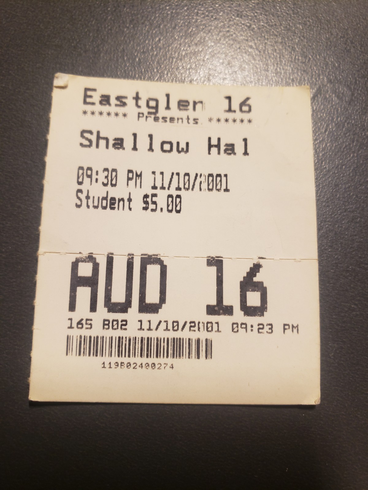 SHALLOW HAL MOVIE EASTGLEN 16 RAW MOVIE TICKET STUB 2001 MOVIE JACK BLACK
