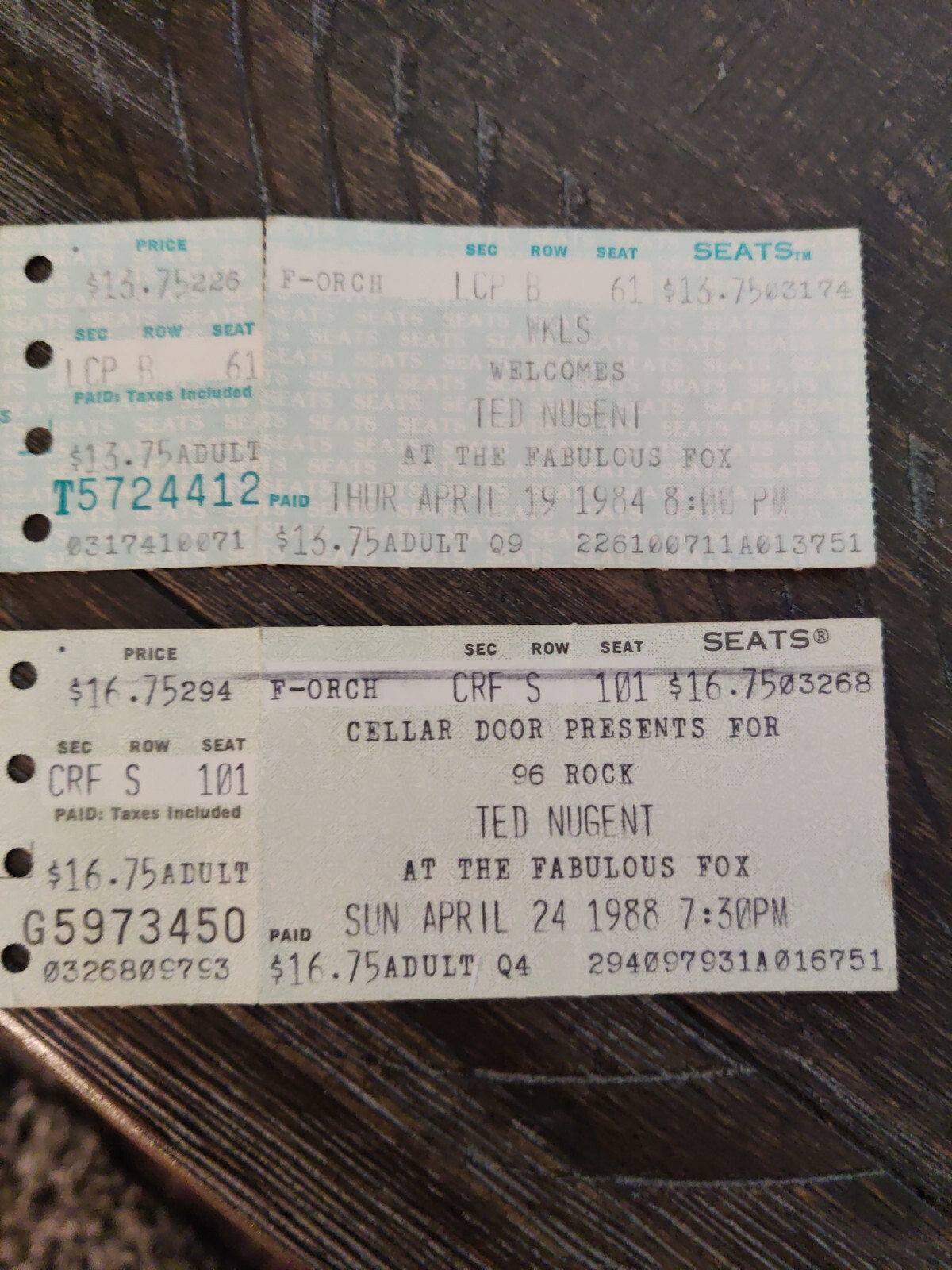 Ted Nugent Ticket Stubs 2 tickets 1984/1988 The Fabulous Fox Theatre, ATL GA