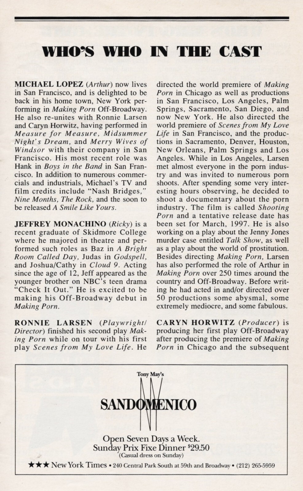 Ryan Idol “MAKING PORN” Blue Blake / Mitch Ellis 1997 Rare Off-Broadway Playbill