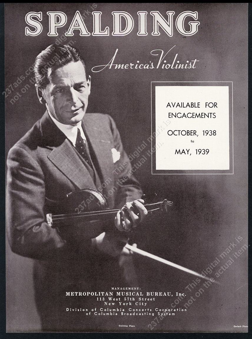 1938 Albert Spalding photo violin recital tour booking vintage print ad
