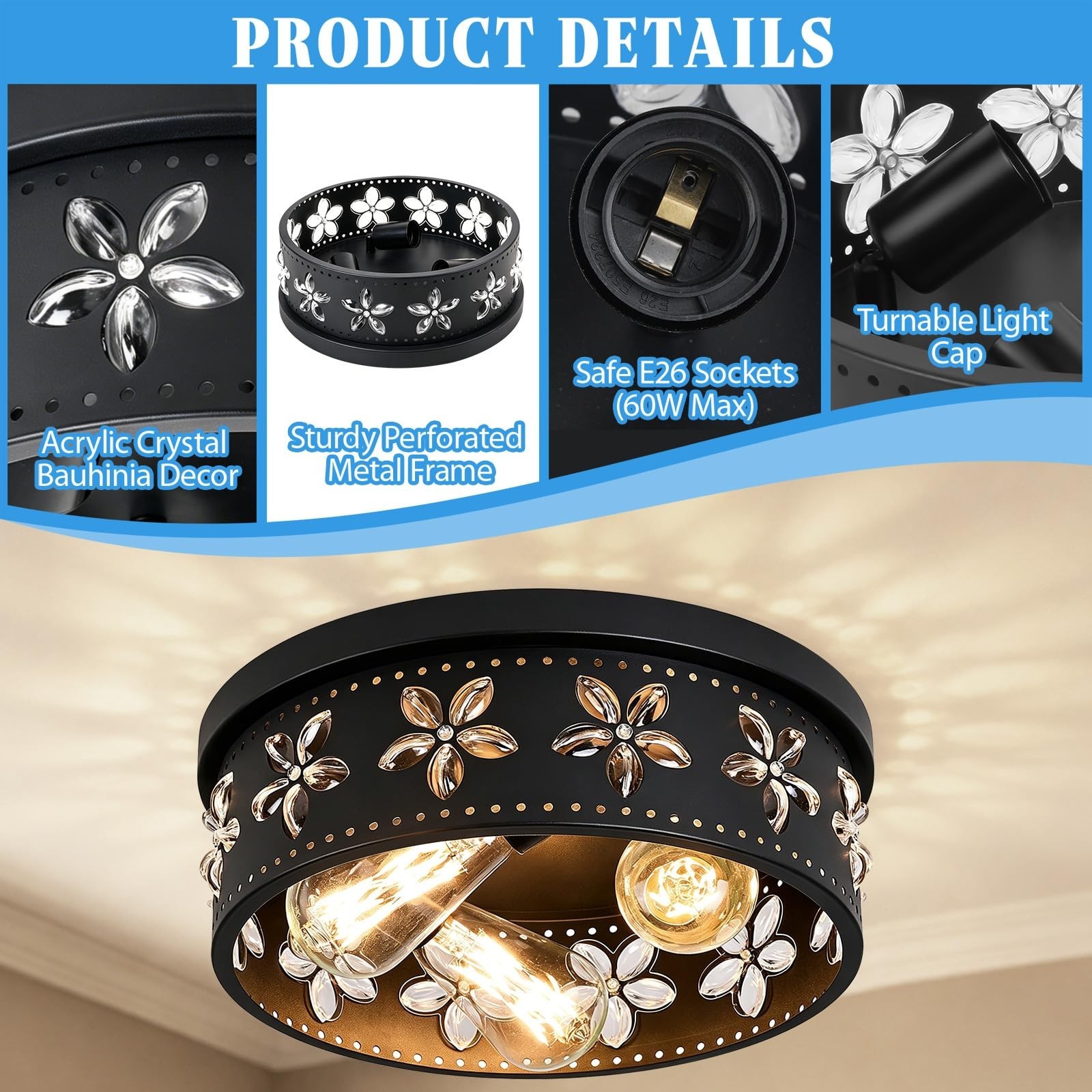 12.6 Inch Black Flush Mount Ceiling Light Fixture | 3-Light, Flower, Farmhous…