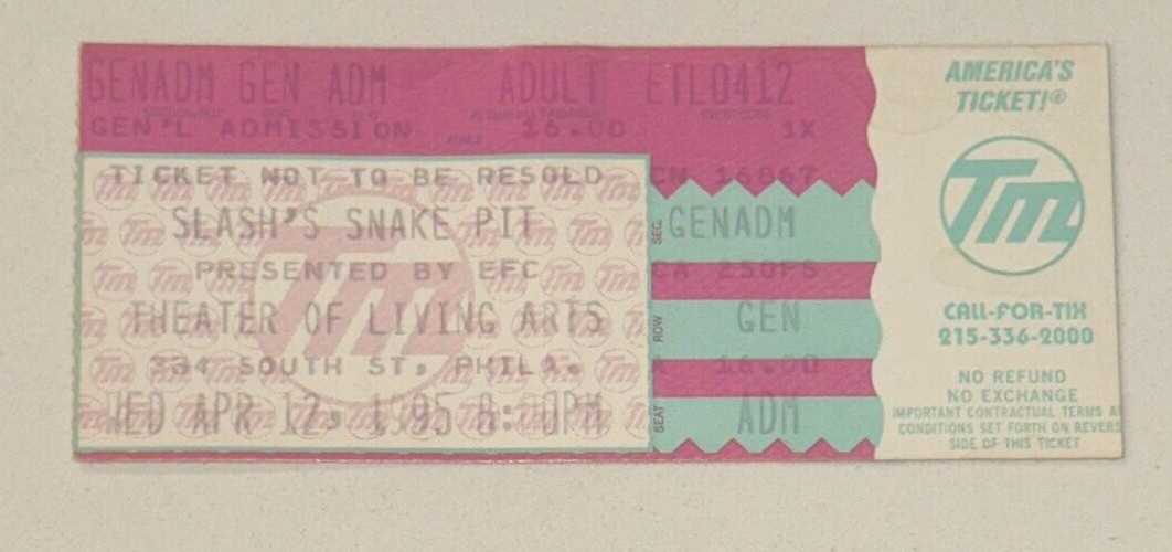 Slash’s Snake Pit Concert Ticket Stub Guns N’ Roses TLA Philly GNR 4/12/1995 GA