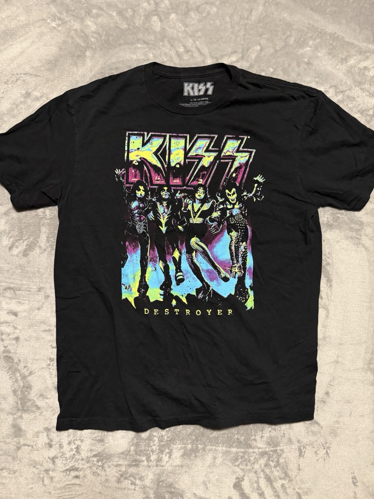 KISS Destroyer Size Large T-Shirt Neon Black Short Sleeve Crew Neck Shirt