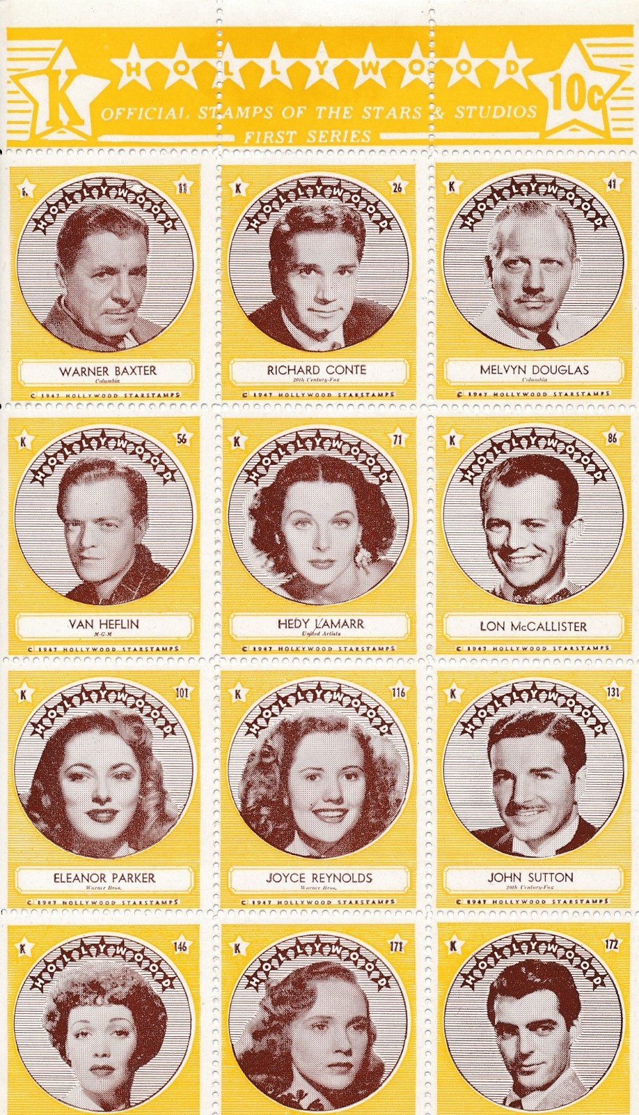 HOLLYWOOD OFFICIAL STAMPS OF THE STARS & STUDIOS FIRST SERIES SHEET K LAMARR