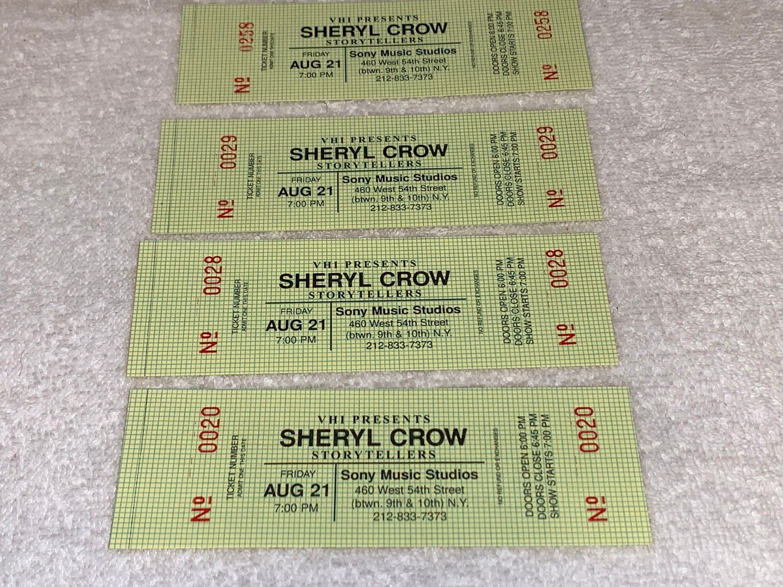 SHERYL CROW 4 UNUSED MINT CONCERT TICKETS 1998 NYC SONY STUDIOS VH1 STORYTELLERS