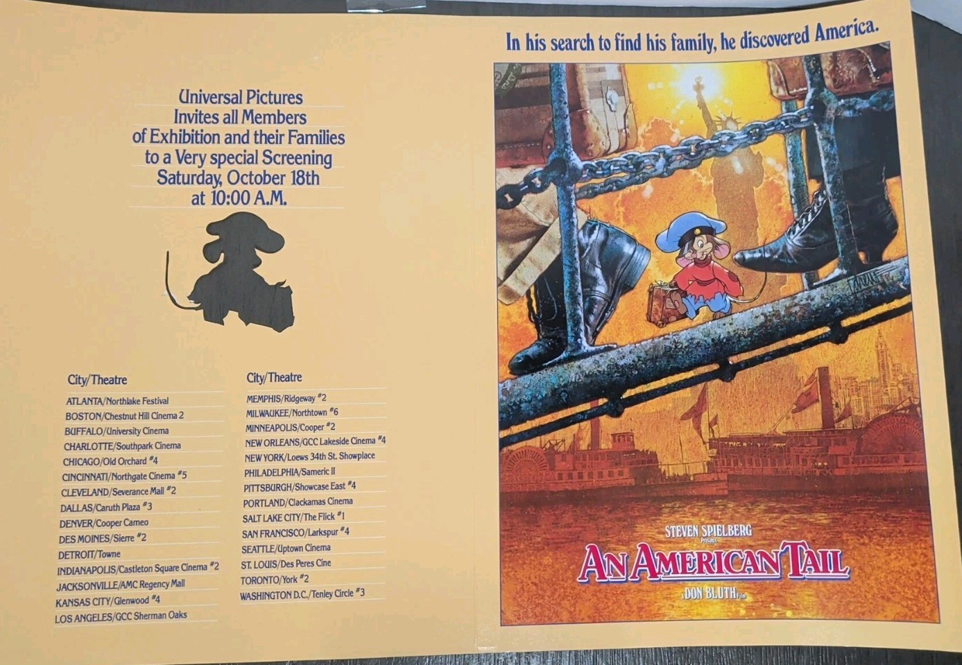 1986 • An American Tail • Promo Movie Press Brochure (11×15″ opens to 15×22″)