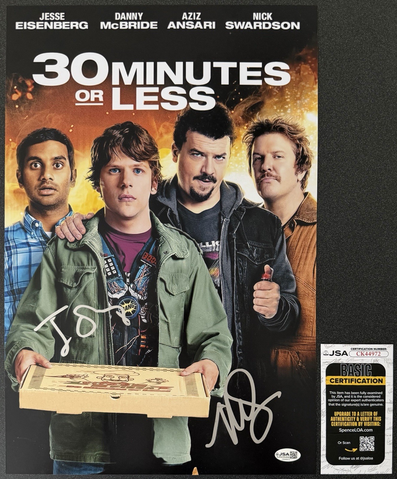 JESSE EISENBERG & NICK SWARDSON SIGNED ‘30 MINUTES OR LESS’ 12X18 POSTER JSA COA