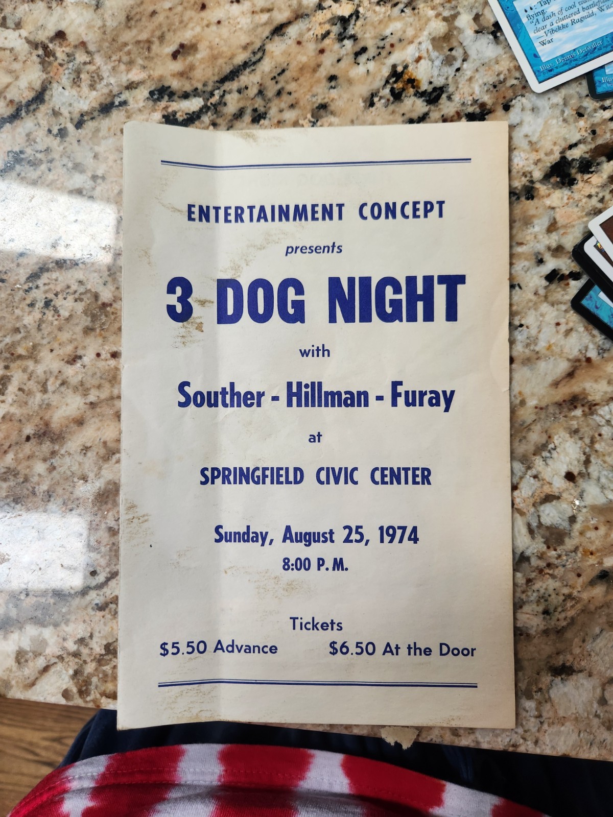 Rare Three Dog Night Concert Program Handbill Poster 1974 Springfield MA
