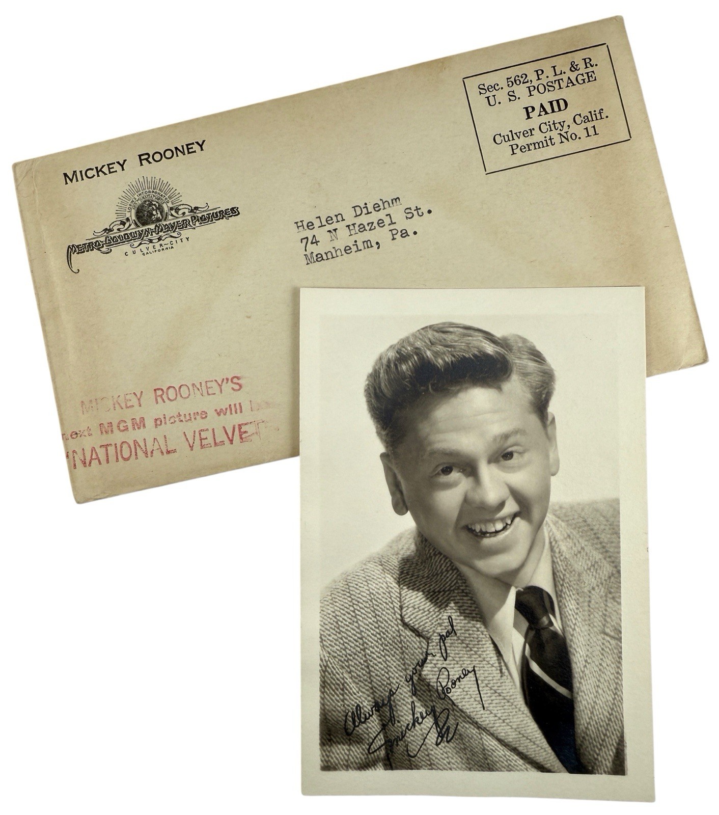 1940s Mickey Rooney MGM Fan Publicity Photo w/Envelope Adv NATIONAL VELVET Movie