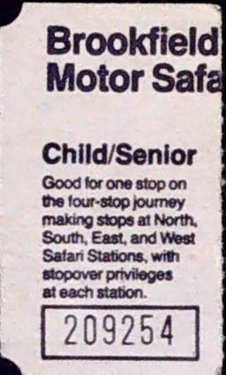 Brookfield Motor Safari Ticket Stub Child Senior Zoo Tour Ride Brookfield 1988