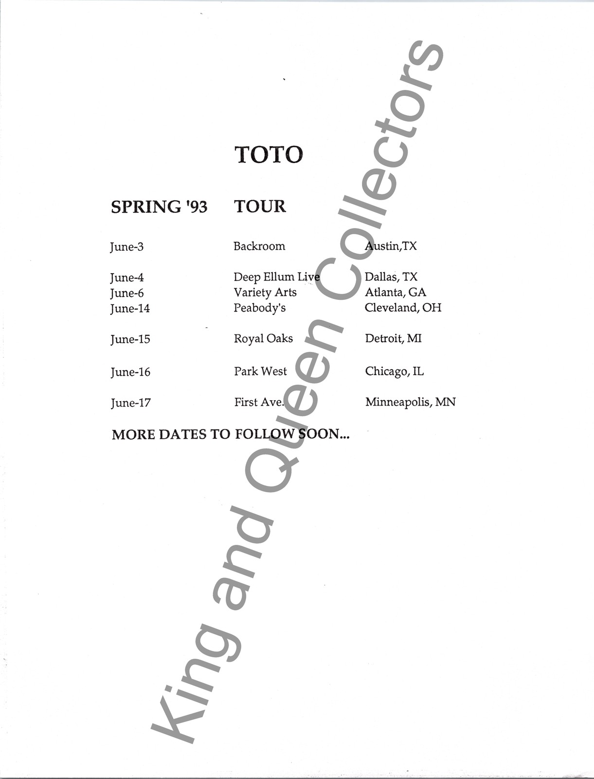 Toto 1993 Original Press Kit Tour Information Sheet