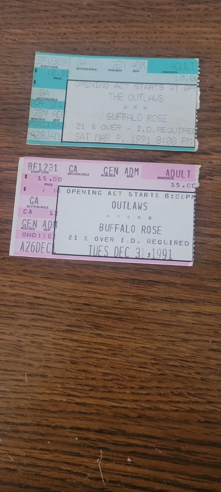 Outlaws ticket stubs at Buffalo Rose in Golden, CO. 2 Tickets 3/91 & 12/91