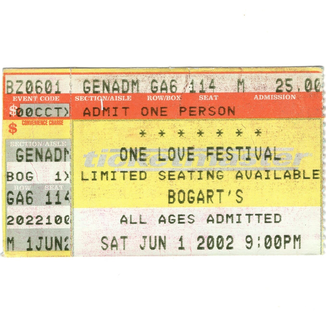 PETE YORN & SUPERDRAG Concert Ticket Stub CINCINNATI OHIO 6/1/02 BOGARTS Rare