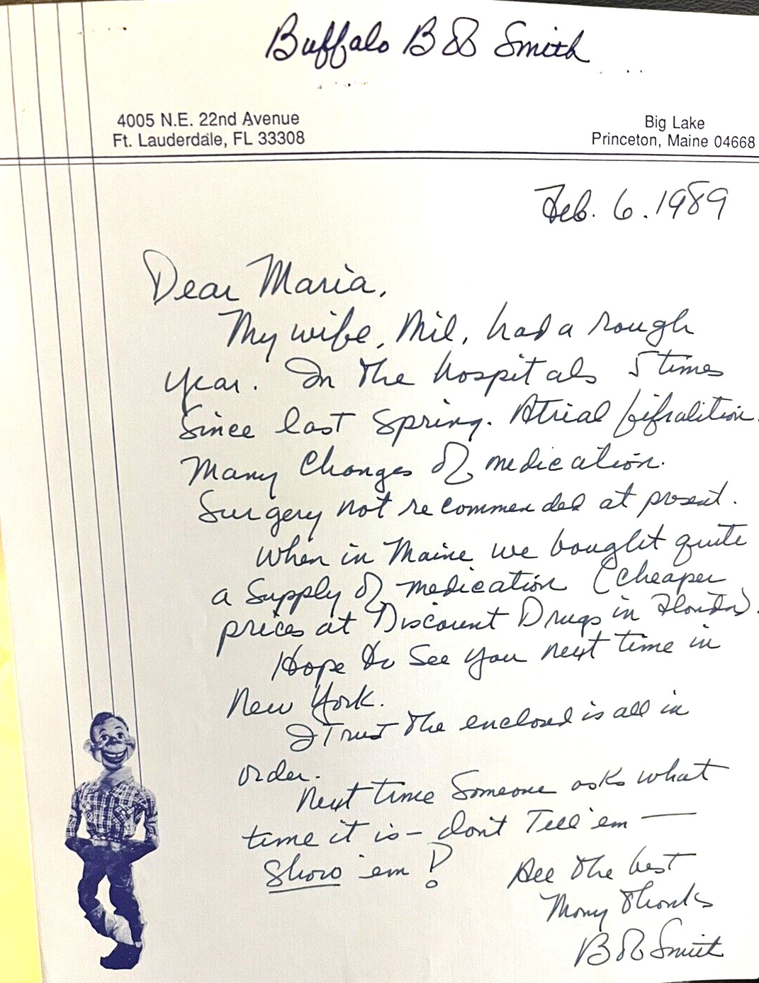 HOWDY DOODY BUFFALO BOB SMITH ORIG. 1989 SIGNED ALL-HANDWRITTEN LETTER!!!!