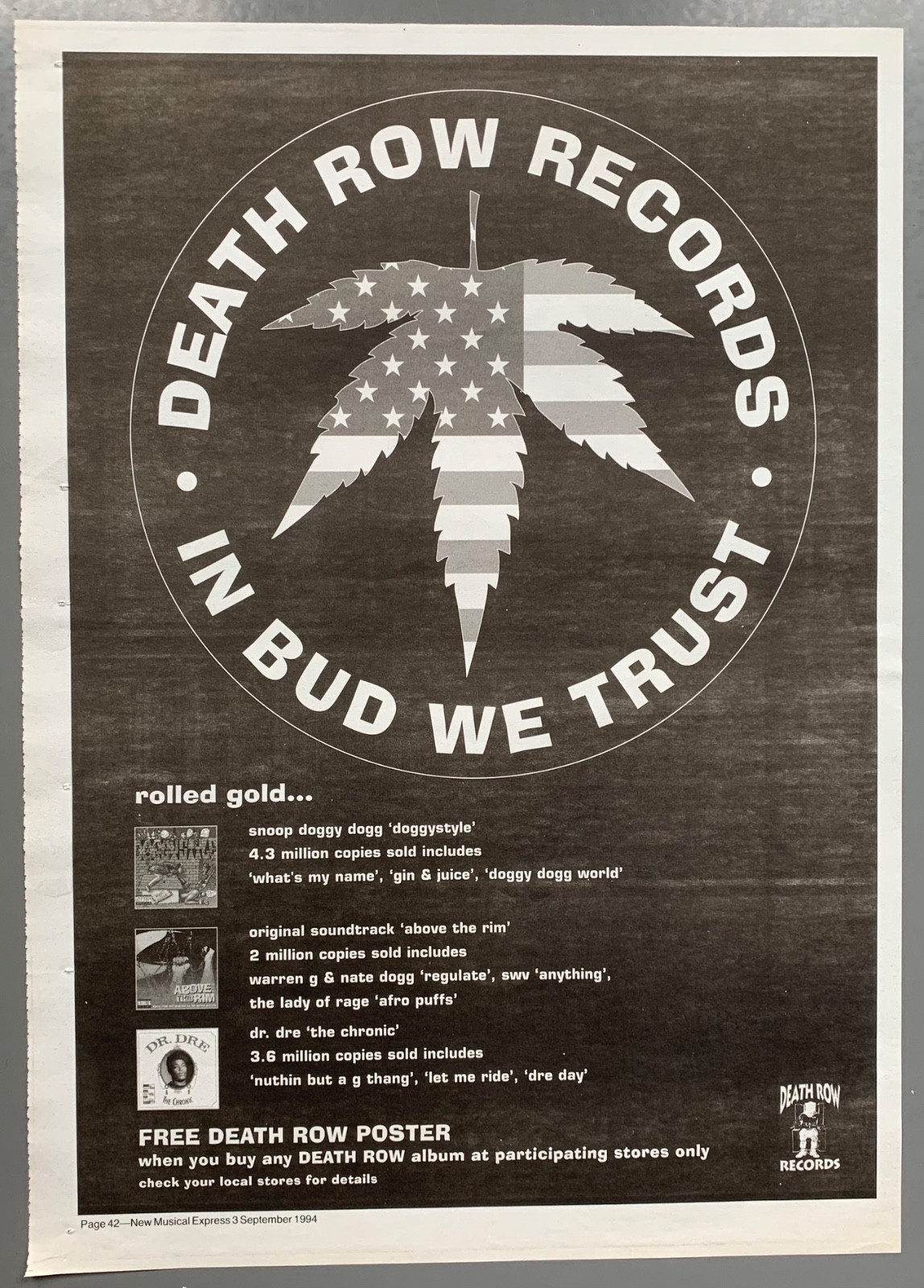 DEATH ROW RECORDS original 1994 UK ADVERT IN BUD WE TRUST Dr Dre Snoop Dogg