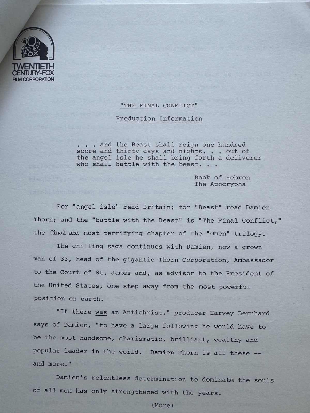 1981 THE FINAL CONFLICT Press Kit Sam Neill Omen Trilogy – 11 Stills