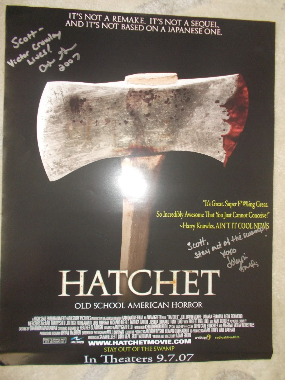 HATCHET ORIGINAL 2007 SIGNED ADAM GREEN PROMO ADVANCE MINI POSTER ROLLED