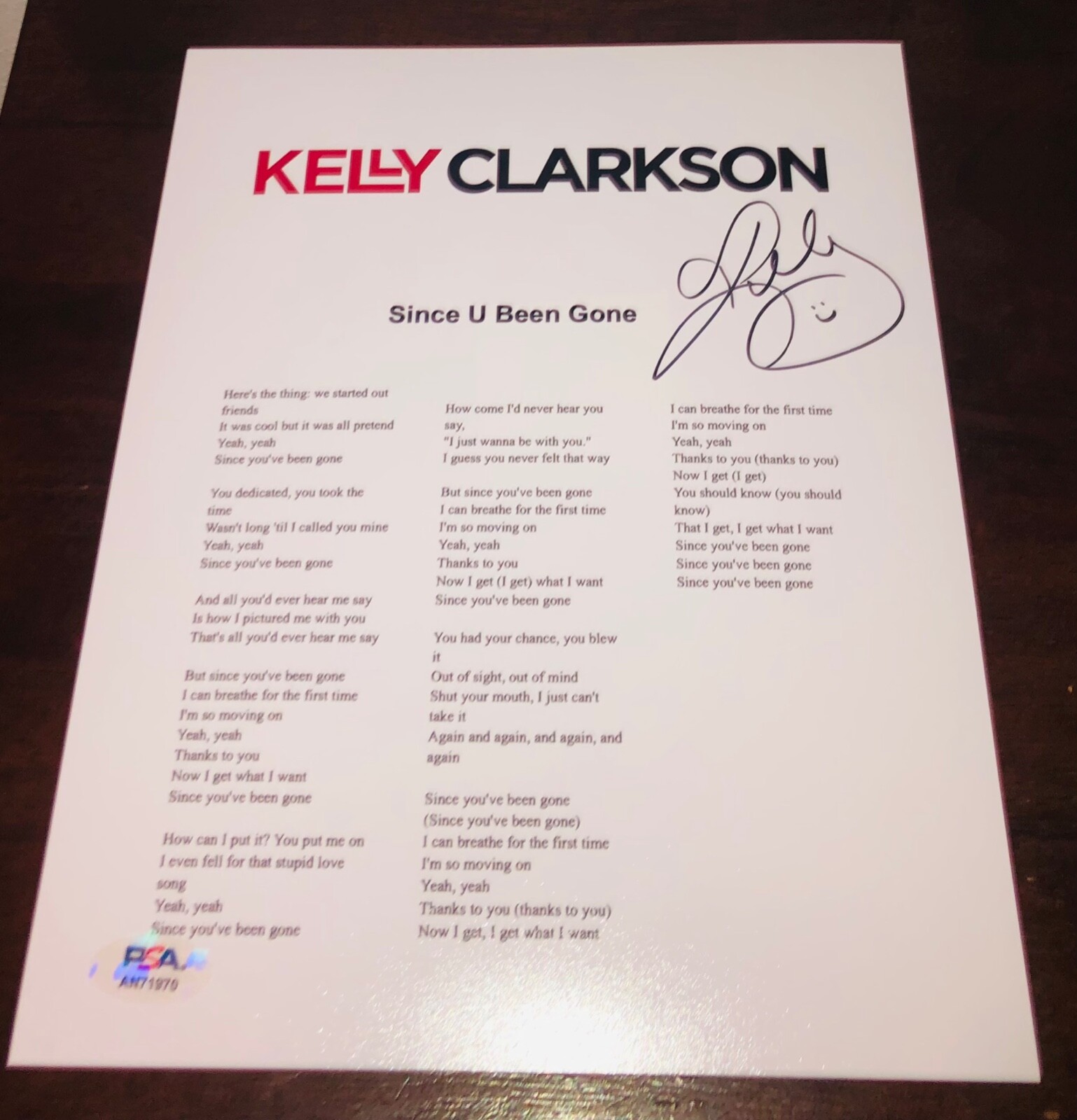 Kelly Clarkson Since U Been Gone Breakaway Signed Autographed Lyric Sheet PSA