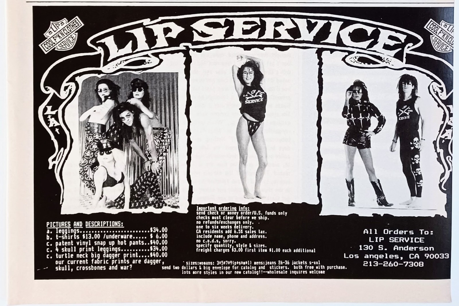 LIP SERVICE ROCK APPAREL CLOTHING 1989 MAGAZINE 5X8 PRINT AD ADVERT CLIPPING