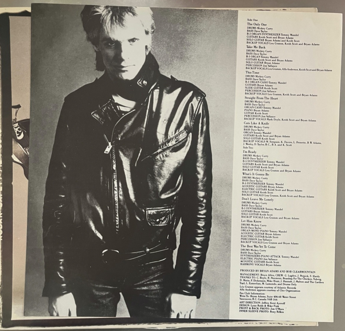 Bryan Adams : signed Cuts Like a Knife autographed Lp vinyl (Reckless Into Fire)