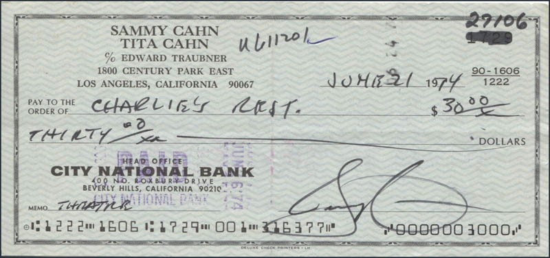 SAMMY CAHN – AUTOGRAPHED SIGNED CHECK 06/21/1974