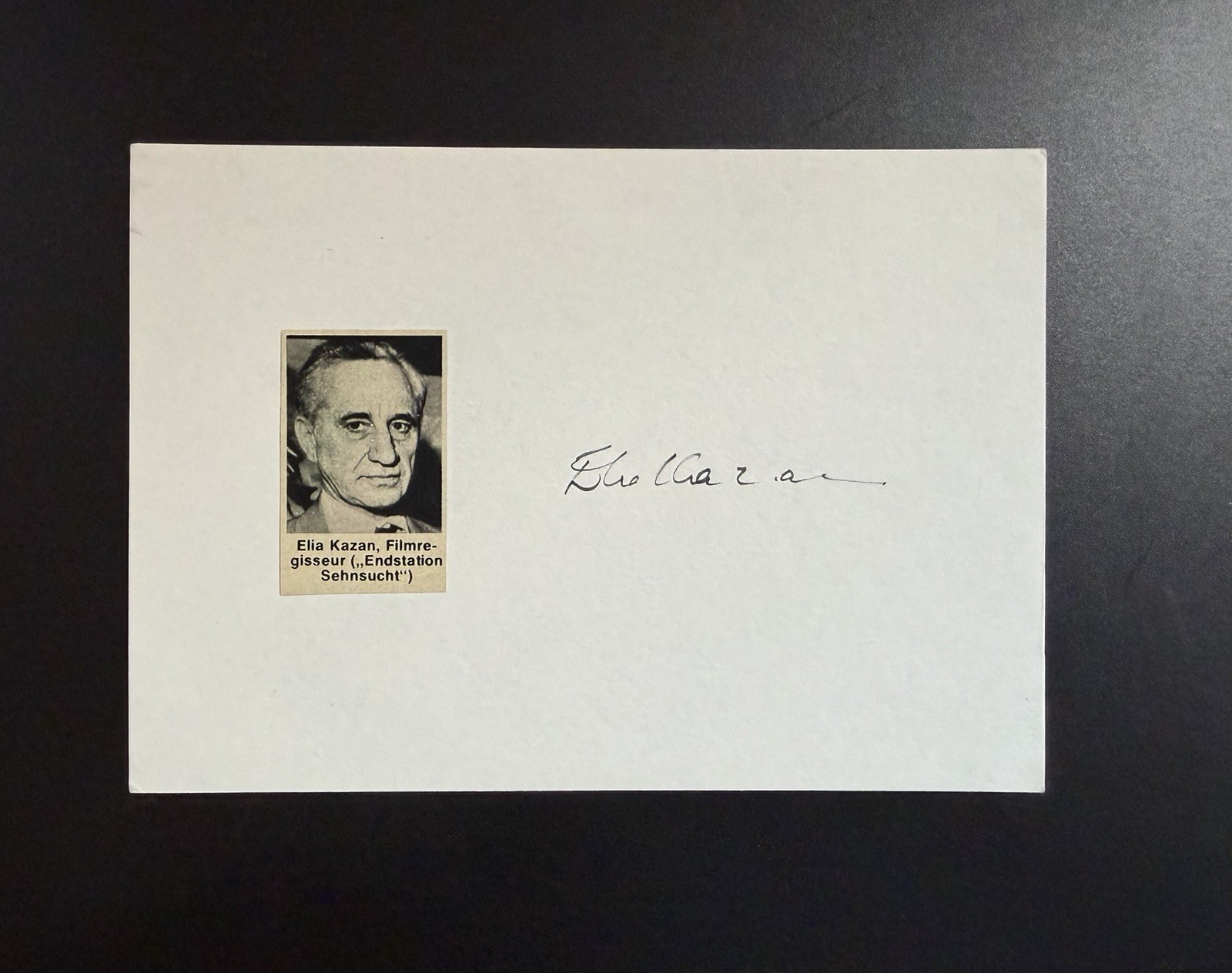 Elia Kazan Signed 4×5 Card w/ Vintage Newspaper Photo Director Autograph
