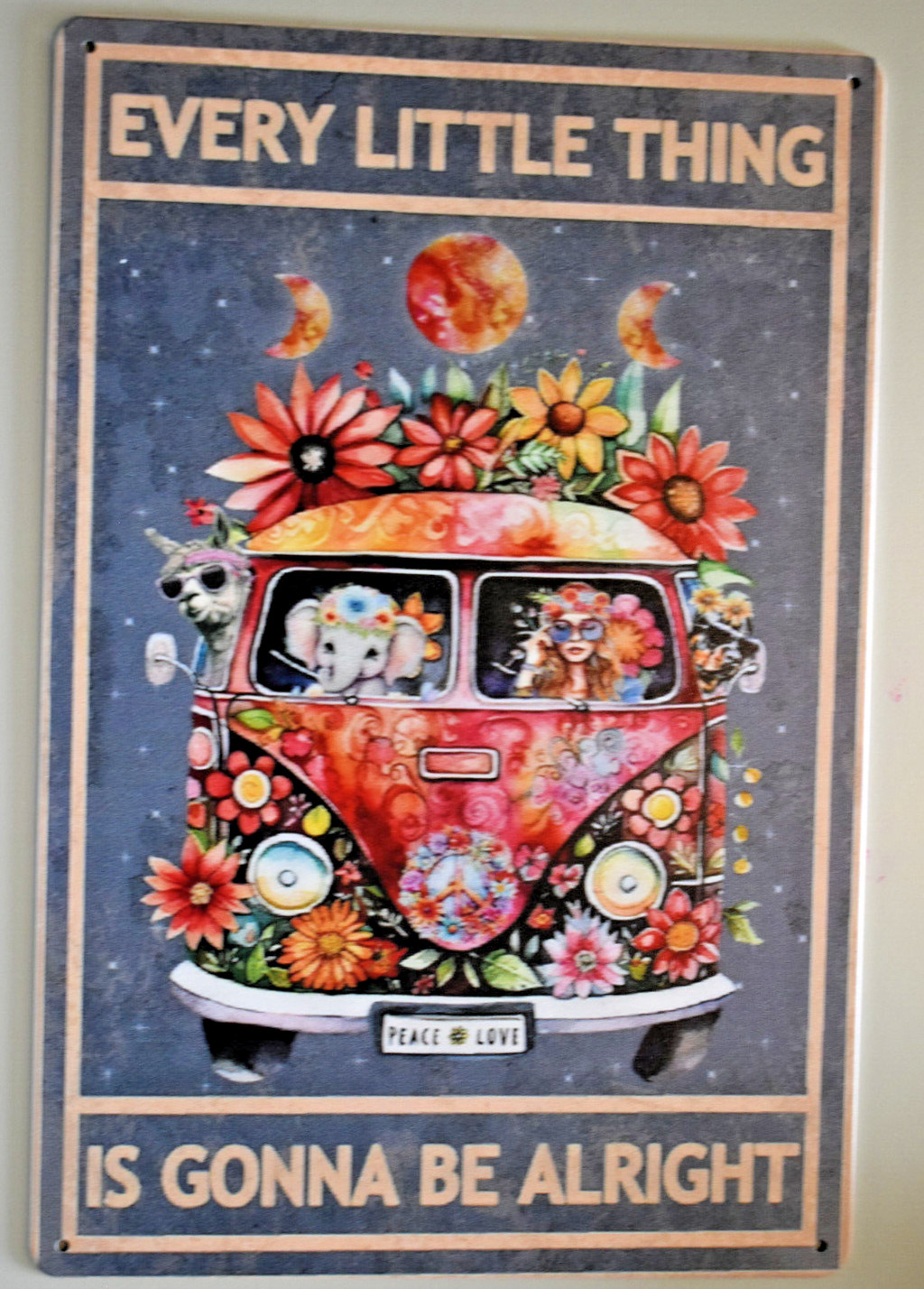 Sign 8×12 – Boho Hippie Every little thing is gonna be alright vw bus flowers