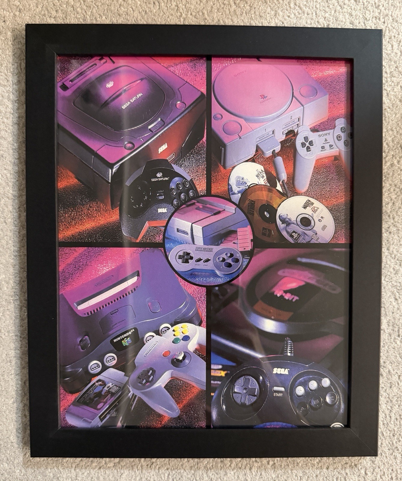 Retro Gaming Consoles Framed 8×10 Vintage Magazine Print PS1 N64 SNES Saturn