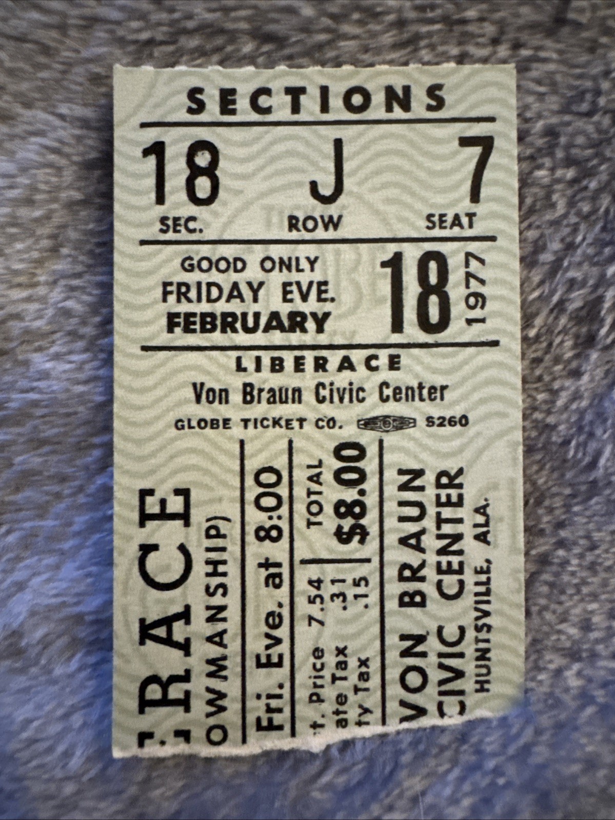 LIBERACE – FEB 18, 1977 – Von Braun Civic Center Huntsville, Alabama – TICKET