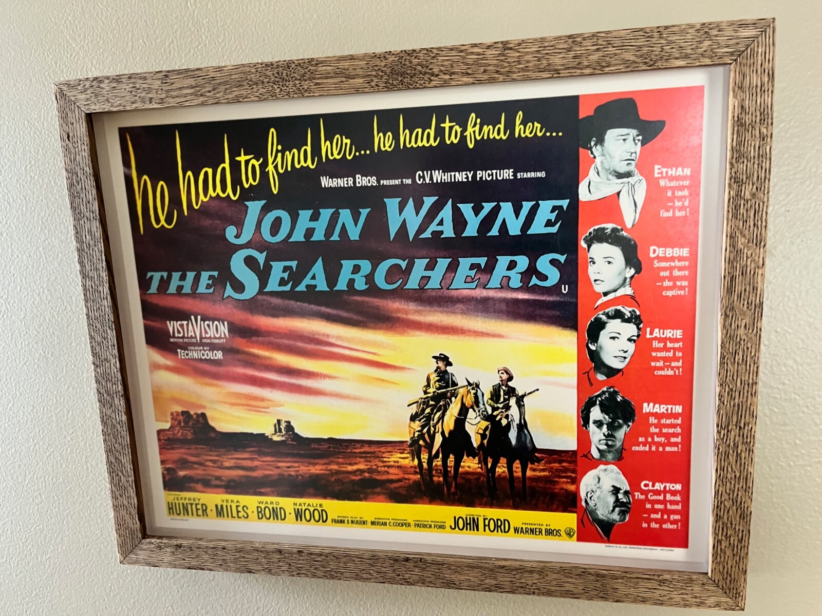 JOHN WAYNE – The Searchers 56 Lobby Card- Beautiful Museum Framed Oak Shadowbox