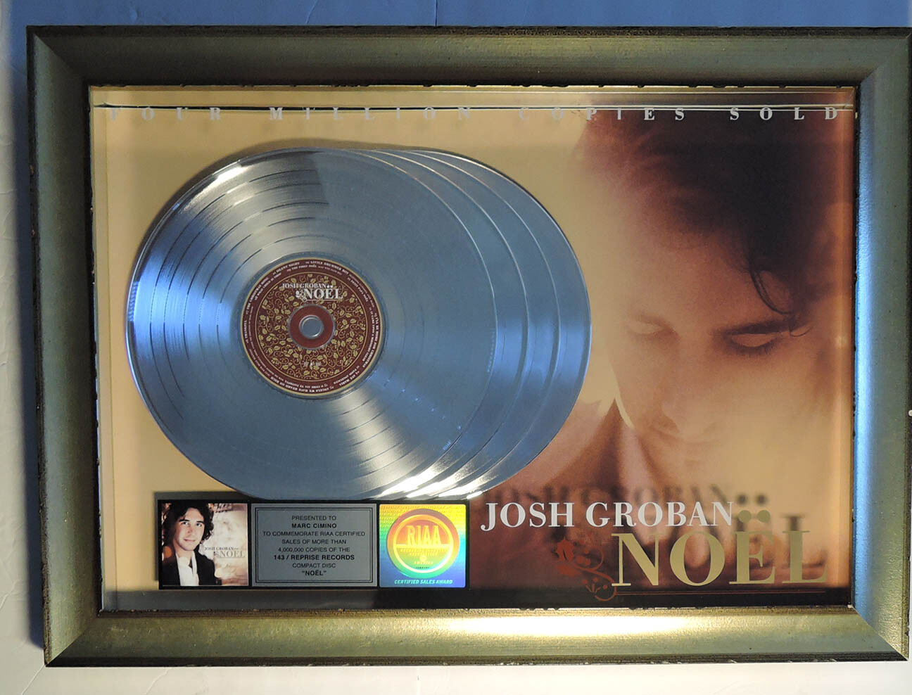 GENUINE JOSH GROBAN NOEL CHRISTMAS 2007 RIAA MULTI-PLATINUM GOLD CD RECORD AWARD
