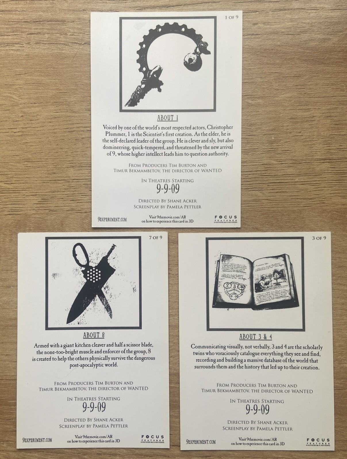 Set 3 Tim Burton Animation 9-9-09 Promotional Trading Cards Shane Acker RARE X3