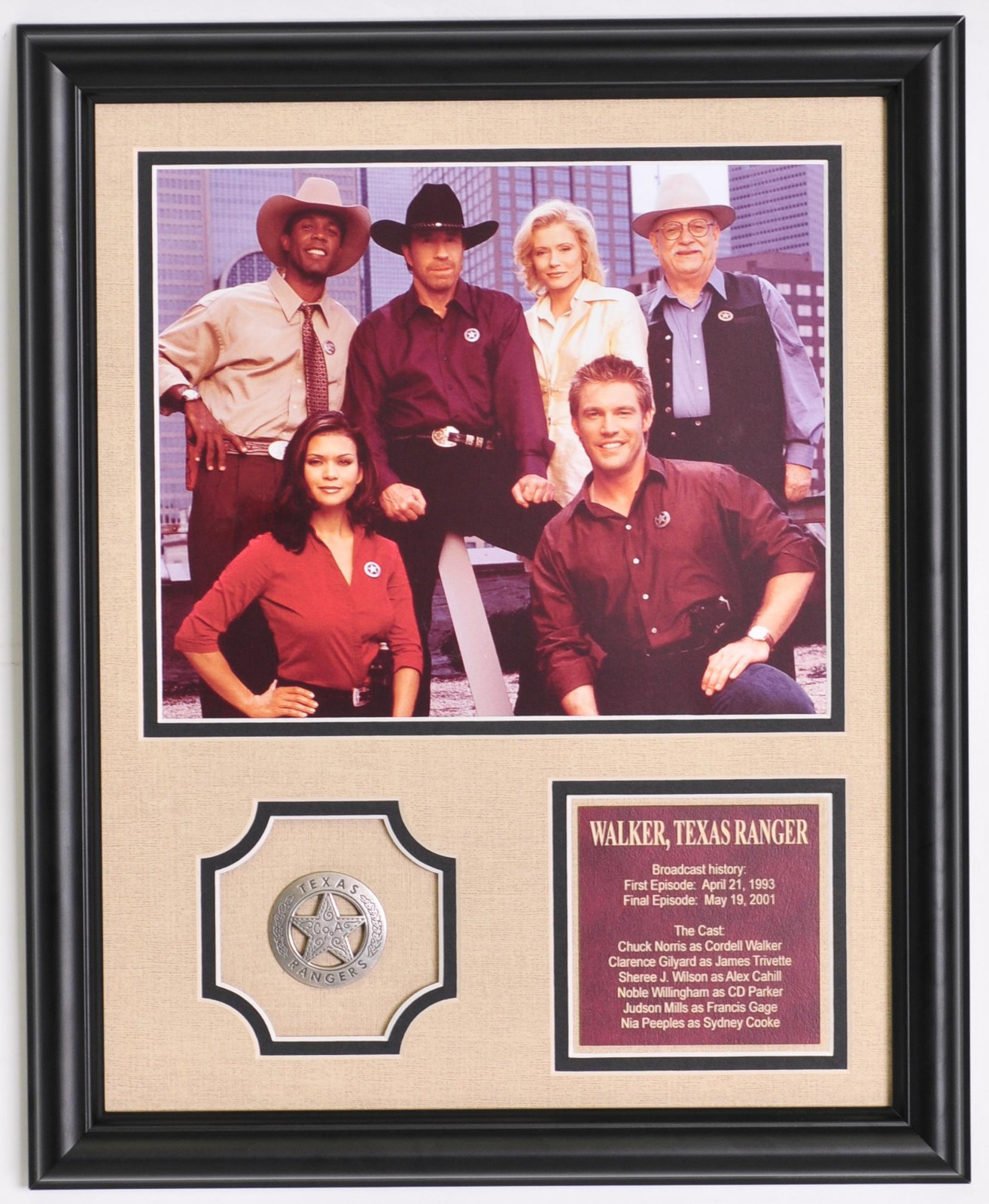 Walker Texas Ranger Chuck Norris full cast photo with badge framed and matted